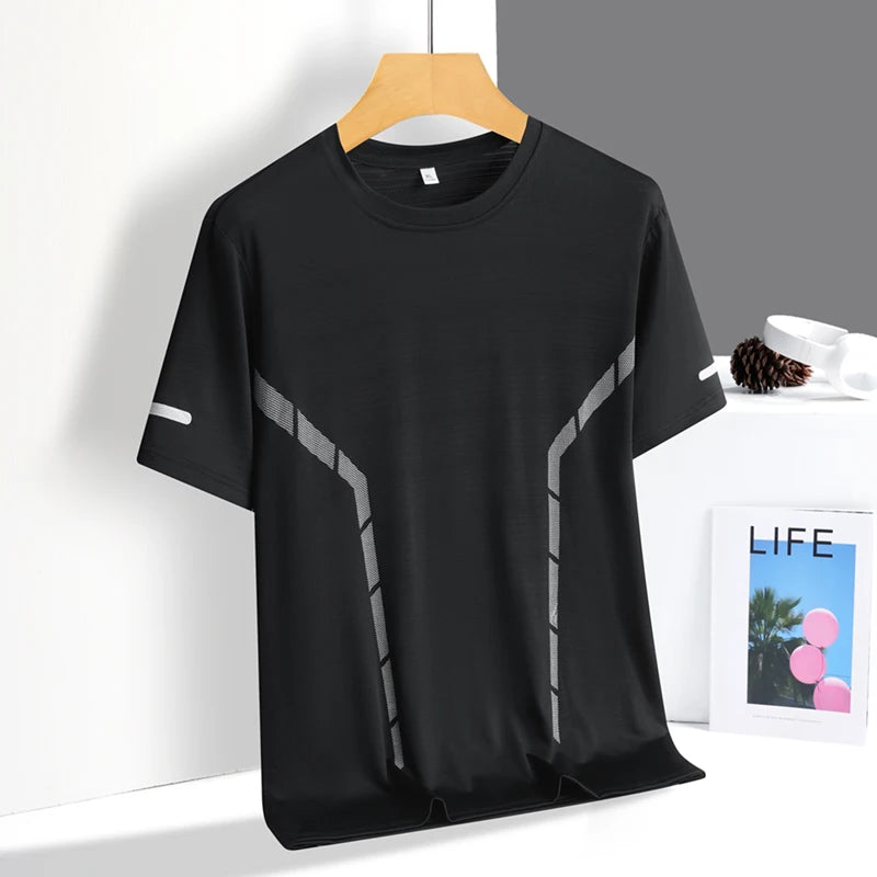 Men's Running T-Shirt Ice Silk Quick-Dry Breathable Mesh Short Sleeve Athletic Tee with Reflective Print
