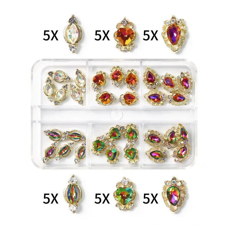 6-Grid Nail Rhinestone Kit – Saturn, Planet & Cross Crystal Nail Charms for Nail Art