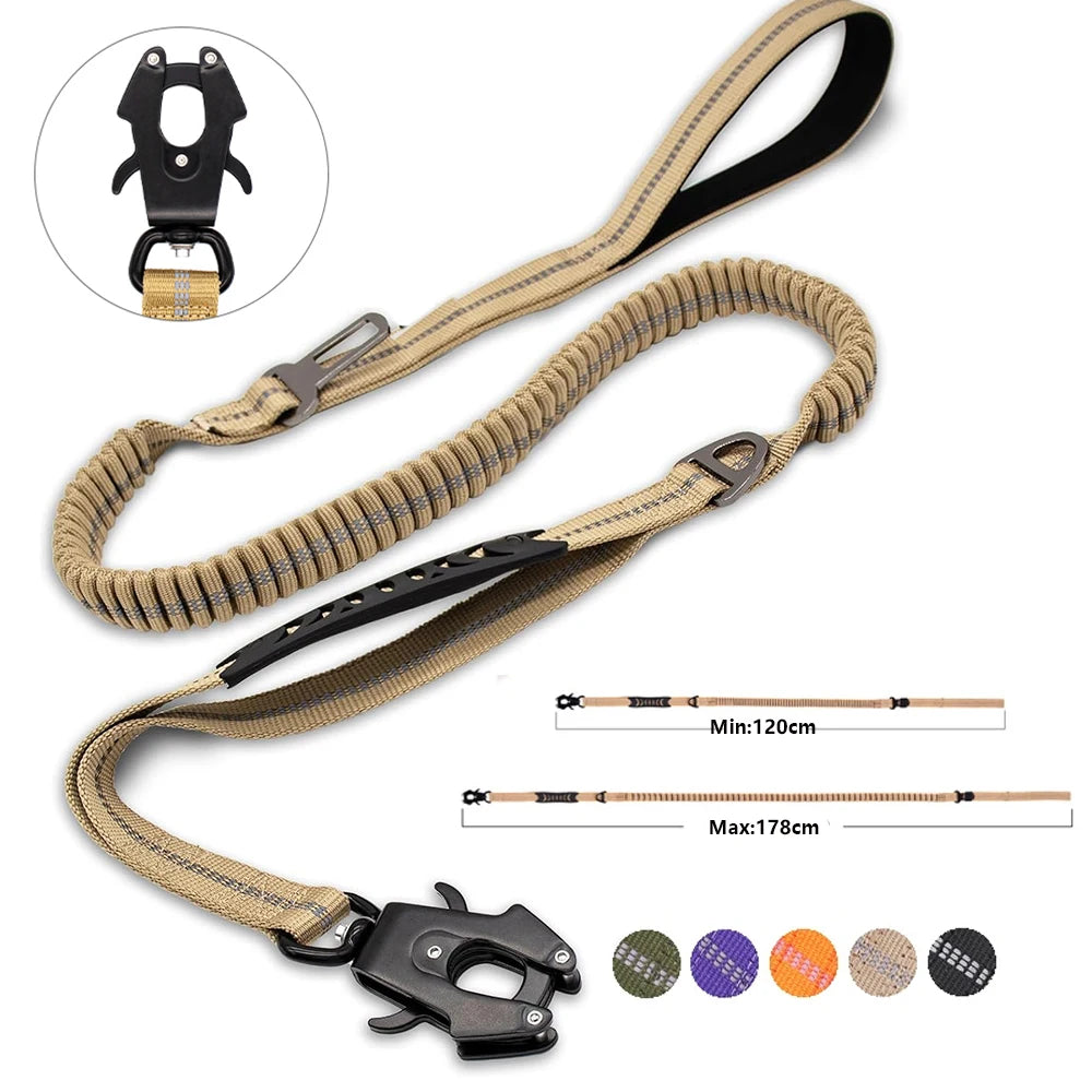Heavy-Duty Reflective Bungee Dog Leash with Car Seatbelt - No-Pull Tactical Leash for Large Dogs, 47–70 in (120–178 cm)