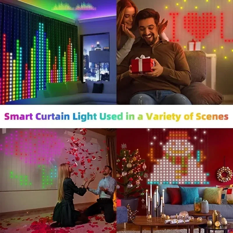 USB LED smart curtain lights with 400 RGB LEDs, Bluetooth app control, and music sync feature.