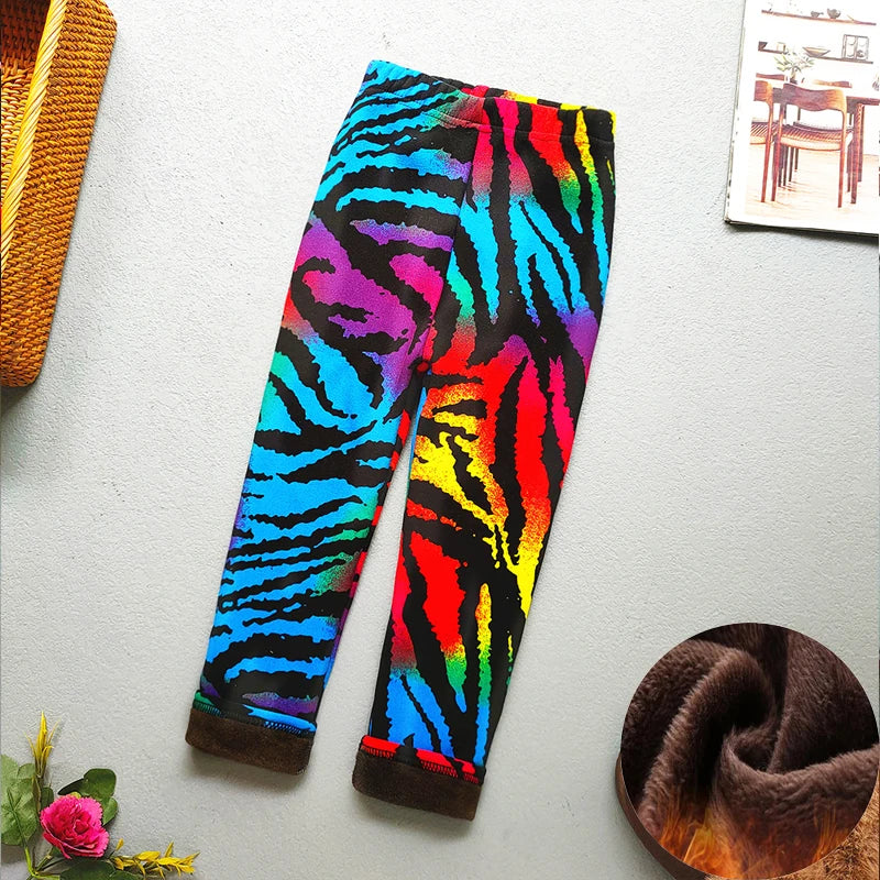Kids Warm Fleece-Lined Cartoon Leggings Thick Plus Velvet Winter Pants Ages 4-6
