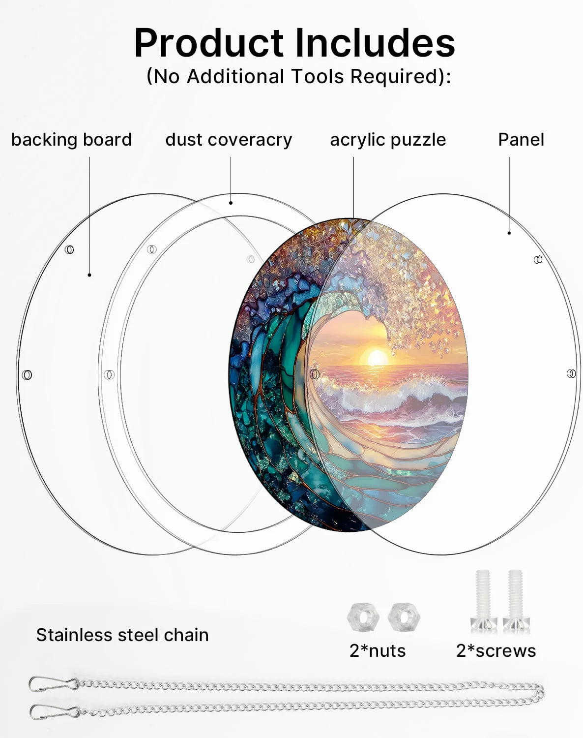 Ocean Wave Sunset Acrylic Suncatcher Puzzle – Stained Glass Style Window Hanging Decor Kit with Chain