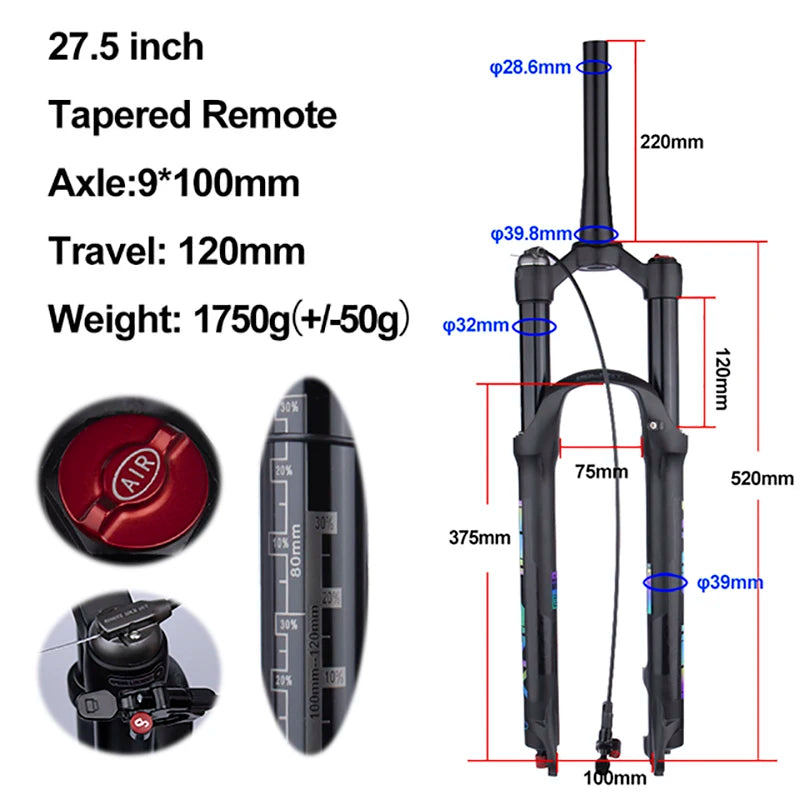 MTB Air Suspension Fork — 120mm Travel, Rebound Adjustable, 26/27.5/29 in, 9x100mm Quick Release, Disc Brake Compatible