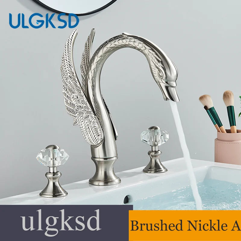 Golden Swan-Shaped Bathroom Faucet 3-Piece Basin & Tub Mixer with Dual Crystal Handles, Hot & Cold