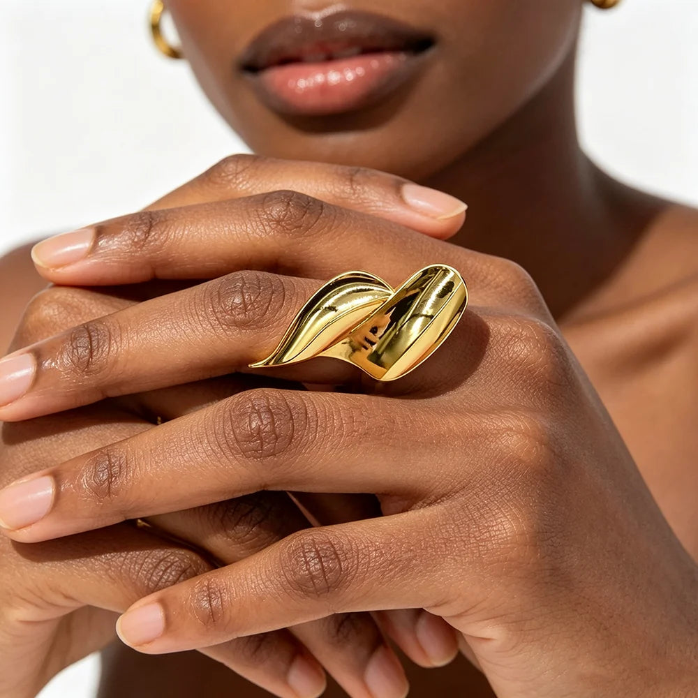 18K Gold-Plated Twisted Leaf Earrings & Ring Set view 4