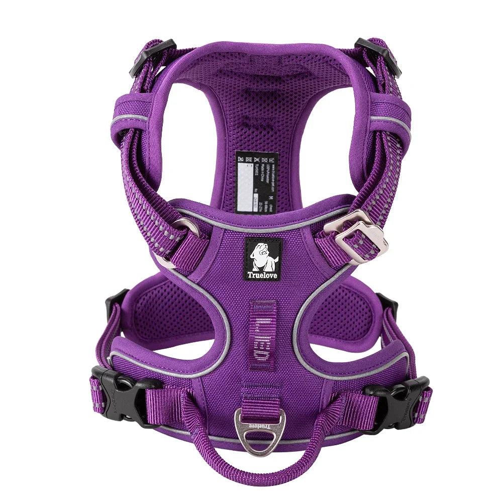 Adjustable Padded Dog Harness with Handle – Reflective Nylon, Front & Back Leash Attachments, Quick-Release Vehicle Safety Harness