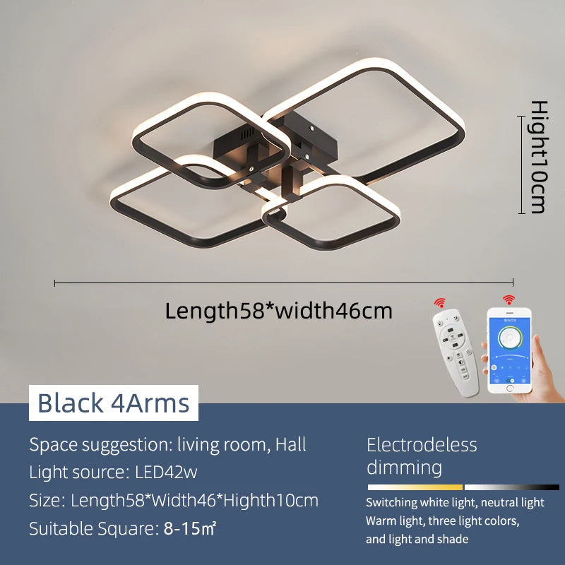 Modern LED Chandelier Dimmable Remote-Control Ceiling Light for Living Room Bedroom Study – Gold or Black, AC 90–260V