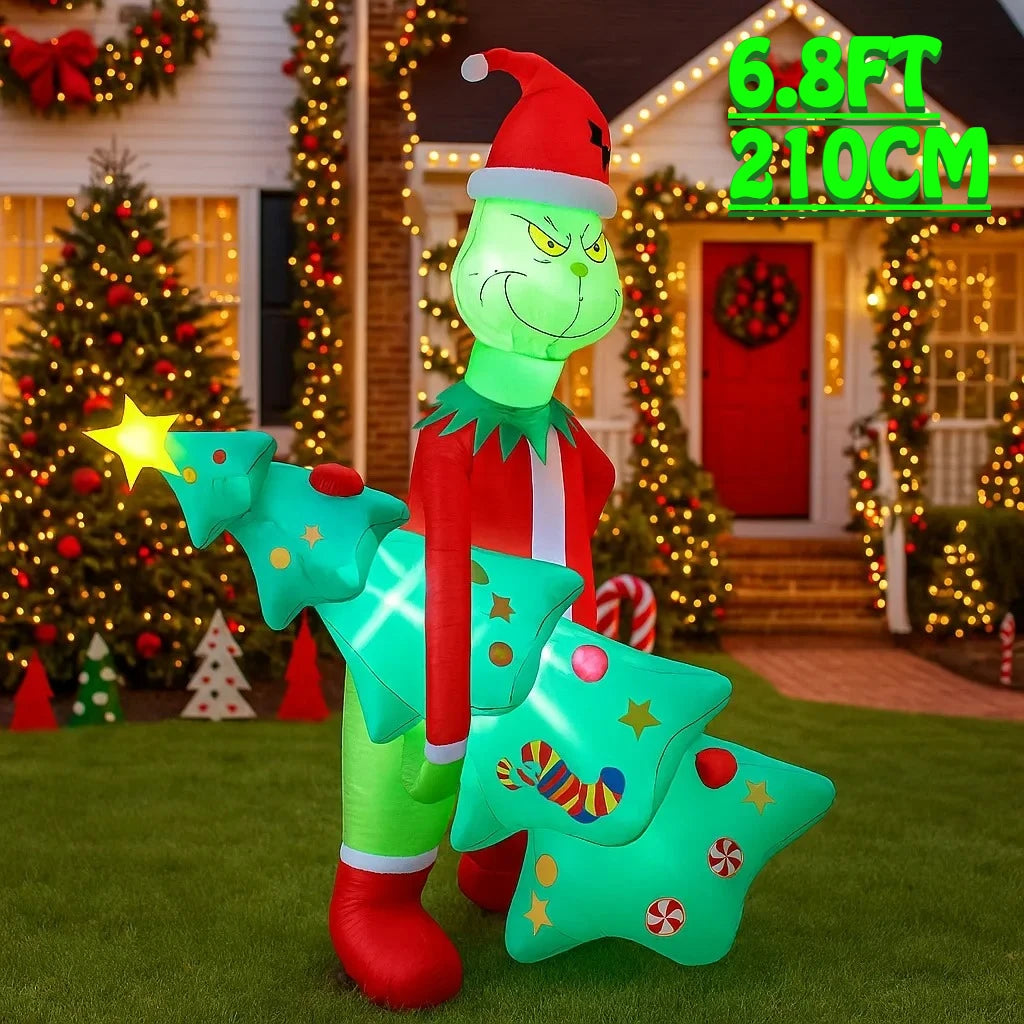 6.8 ft (2.07 m) Grinch Holding Christmas Tree Inflatable Yard Decoration – Outdoor Holiday Decor, Plug-In Inflatable