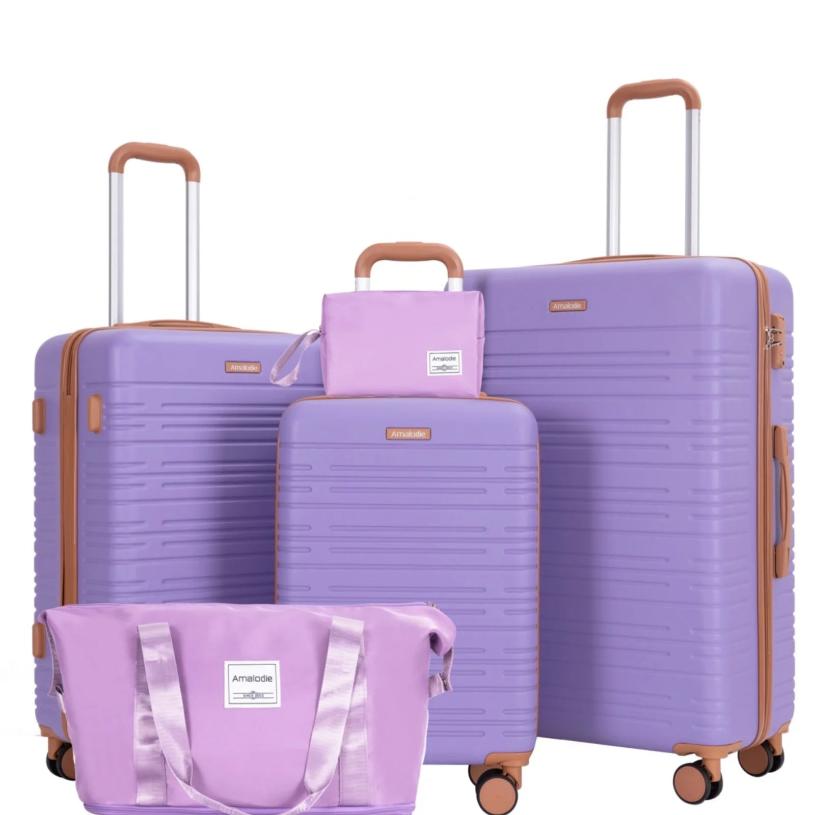 FanzyMarket 5-piece hardshell luggage set with 28, 24, and 20-inch spinner suitcases, TSA lock, double wheels, plus duffle and toiletry bag
