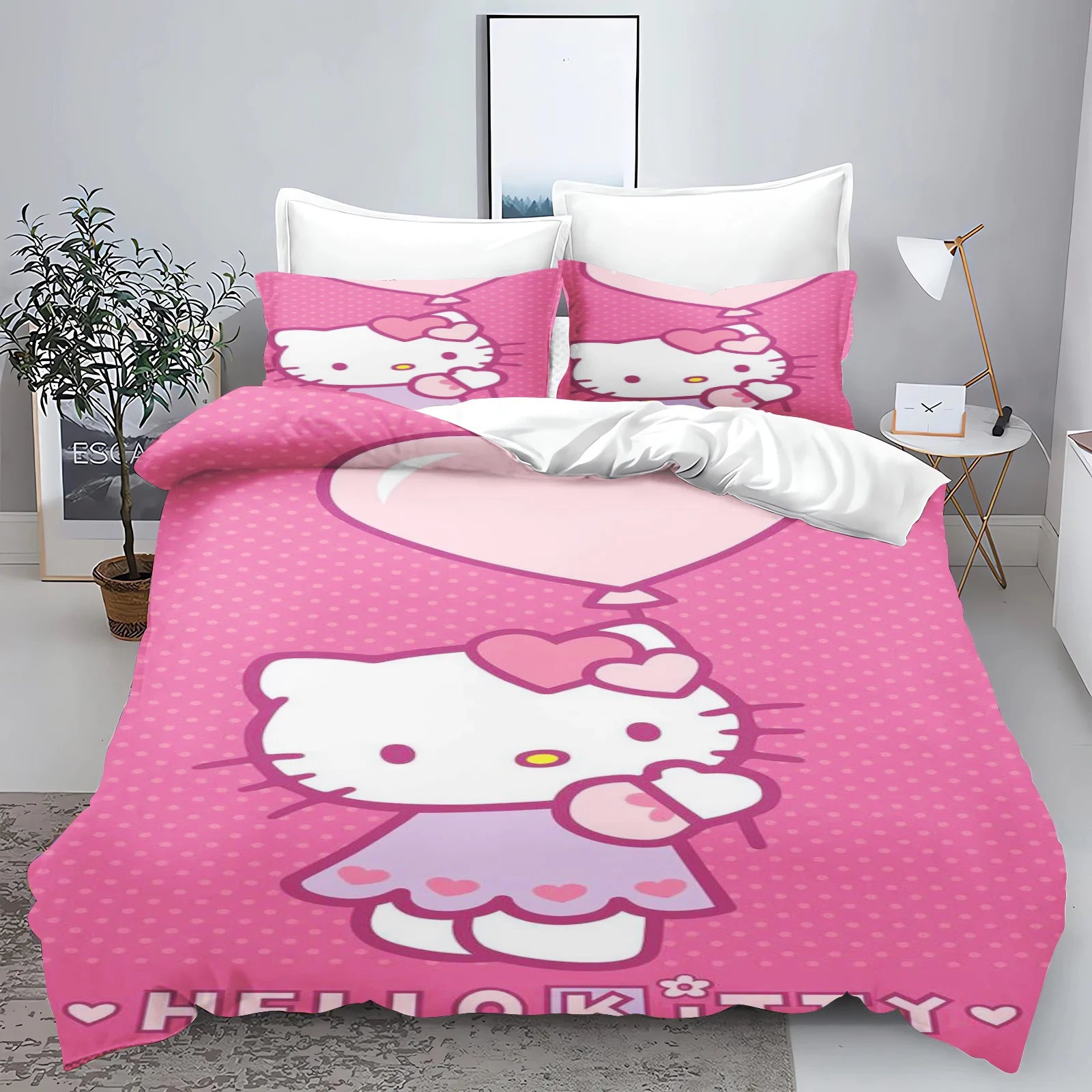 Hello Kitty Kids Bedding Set – 3-Piece Quilt Cover & 2 Pillowcases, 100% Polyester, Printed Cartoon, Multiple Sizes (Twin to King)