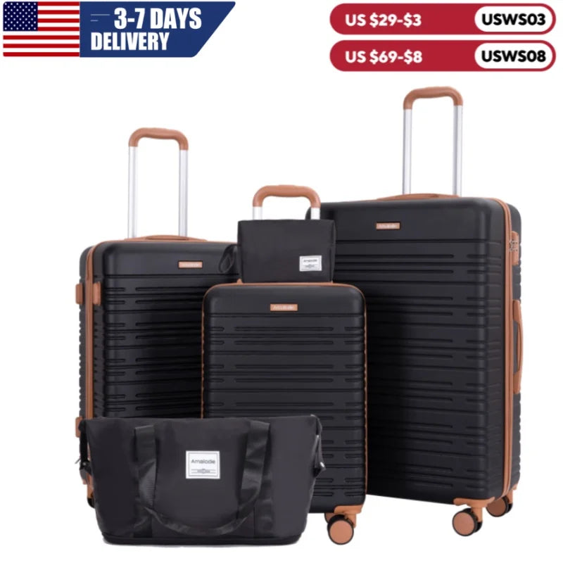 FanzyMarket 5-piece hardshell luggage set including 28, 24, 20-inch spinner suitcases, TSA lock, duffle bag, and toiletry bag.