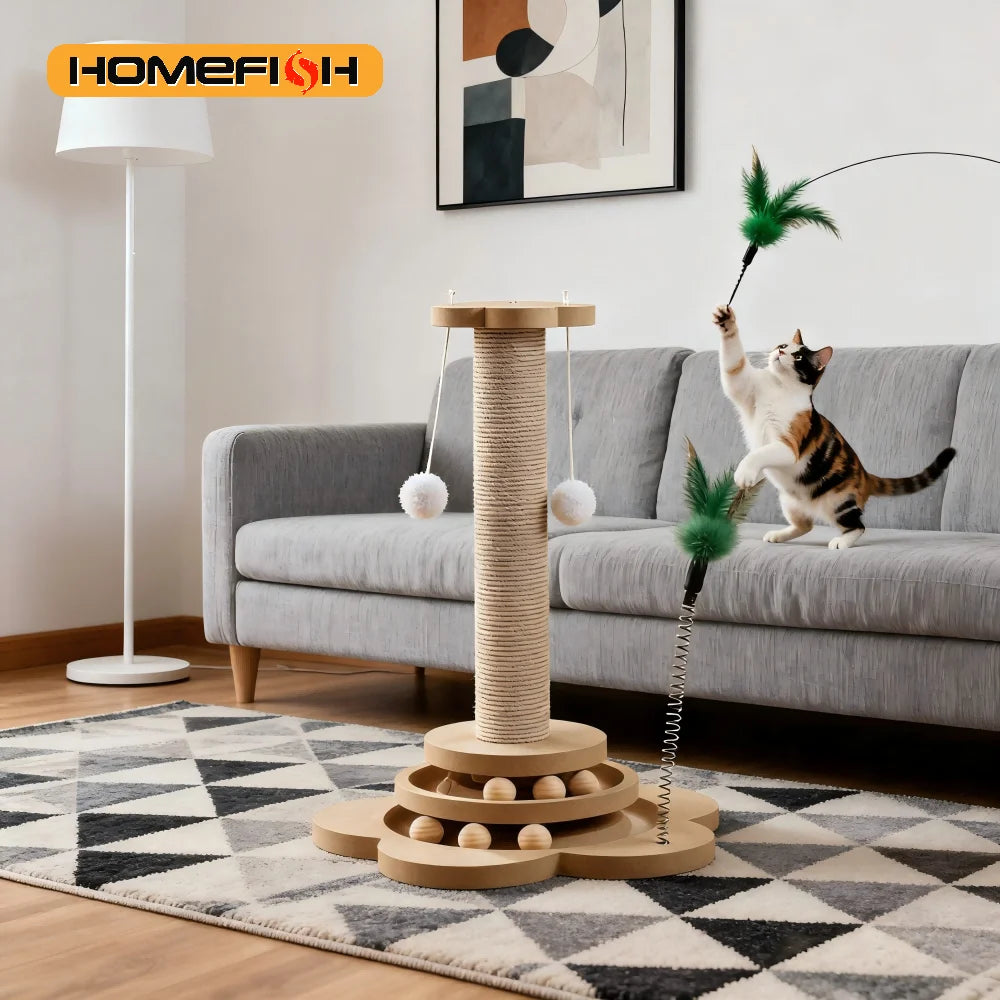 Solid Wood Cat Turntable Toy with Sisal Scratching Board and Rolling Ball - Interactive Cat Scratcher Column