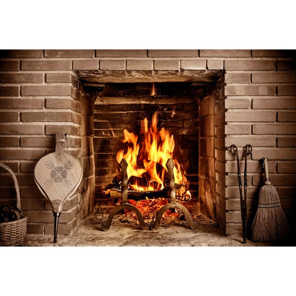 Christmas Fireplace Photography Backdrop - Burning Firewood Flame Brick Wall Photo Studio Background