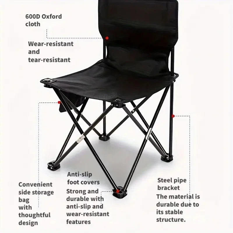 Foldable Outdoor Camping Chair with Side Pocket - Portable Oxford Cloth Beach & Fishing Chair