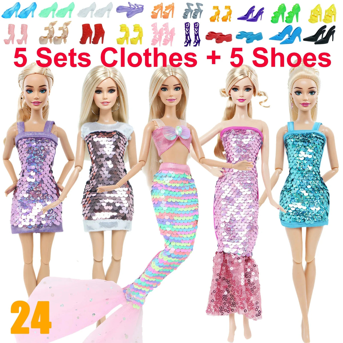 10-Piece 1/6 Scale Doll Clothes Set for 11.5–12 in (30 cm) Dolls — Dresses, Shirts, Pants & Shoes