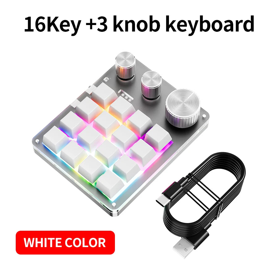 16-Key Mechanical Macro Keyboard with 3 Programmable Knobs, Volume Control, USB Wired, Bluetooth & 2.4G Wireless