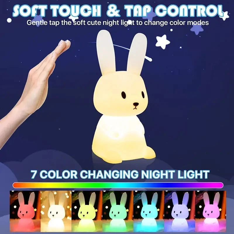 Silicone Rabbit Night Light - Touch Sensor LED, 7-Color USB Rechargeable Kids & Nursery Lamp