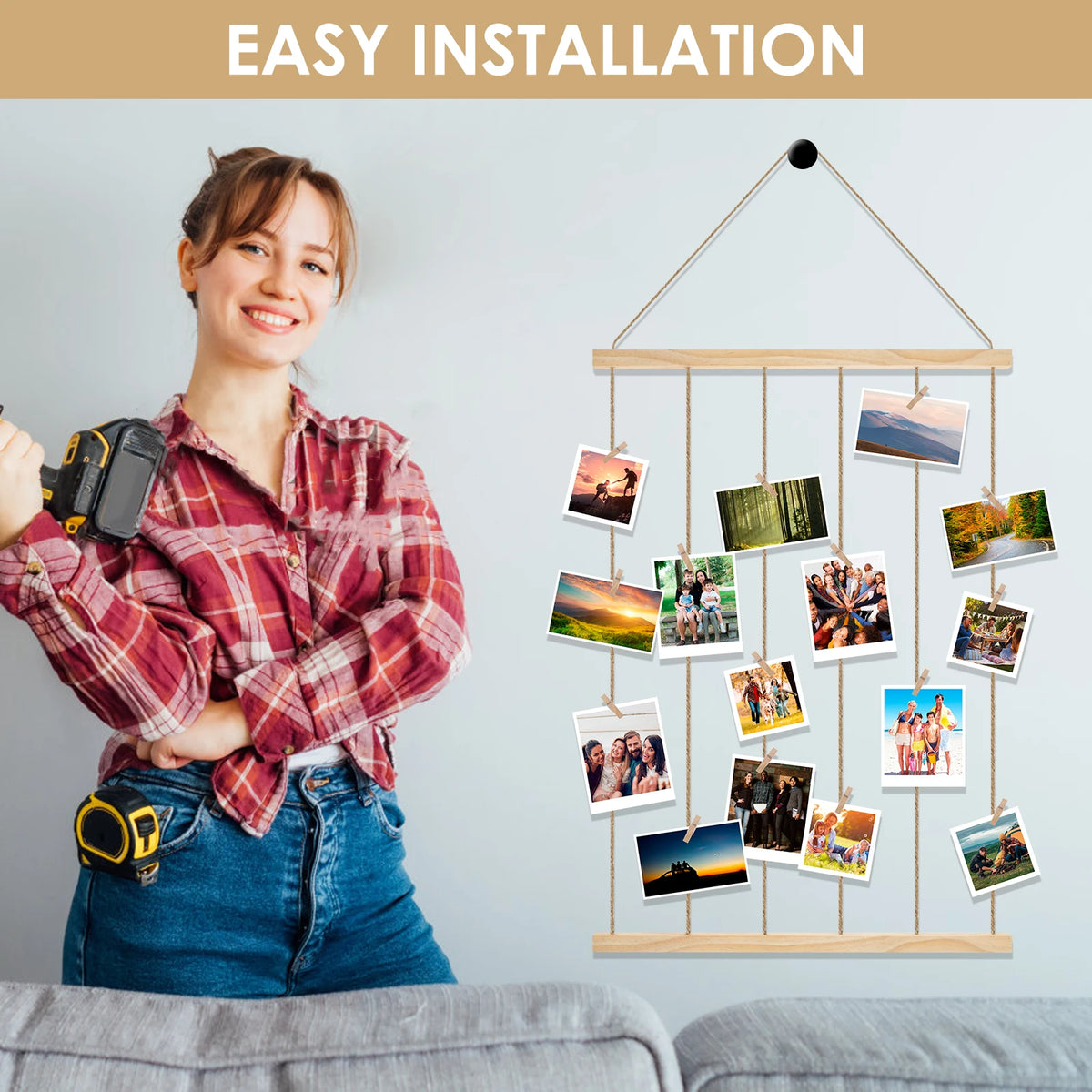 Wooden Hanging Photo Collage Frame with 30 Clips – Wall Photo Display, Approx. 50 cm x 95 cm (19.7 in x 37.4 in)