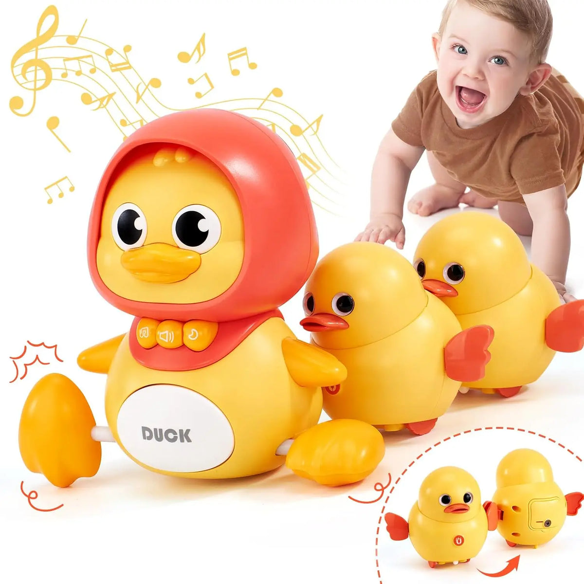 Baby Crawling Toys 3-Piece Duck Set - Infant & Toddler Interactive Moving, Walking & Dancing Toy with Lights for Tummy Time & Development