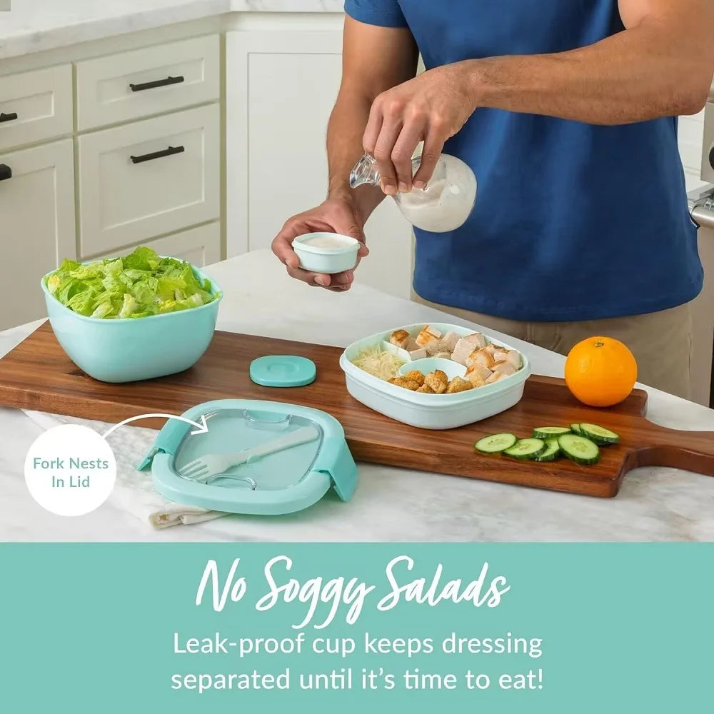 All-in-One Salad Lunch Container 50 fl oz (1.5 L) Stackable Bento Box – 3-Compartment Tray, Leak-Proof Dressing Cup & Reusable Utensils, Dishwasher & Microwave Safe