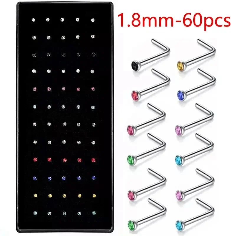 40/60-Piece Crystal 316L Stainless Steel Nose Piercing Kit - Straight L Studs & Helix Body Jewelry