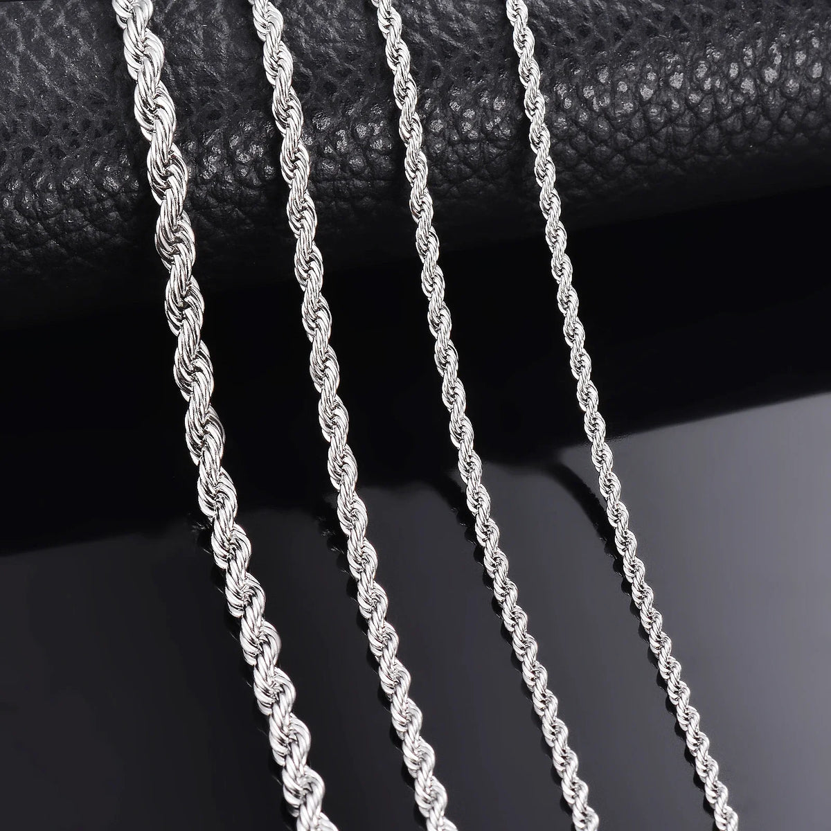 Silver Stainless Steel Rope Chain Necklace — Twisted Singapore Link for Men & Women, Widths 2mm/3mm/4mm/5mm (0.08–0.20 in)