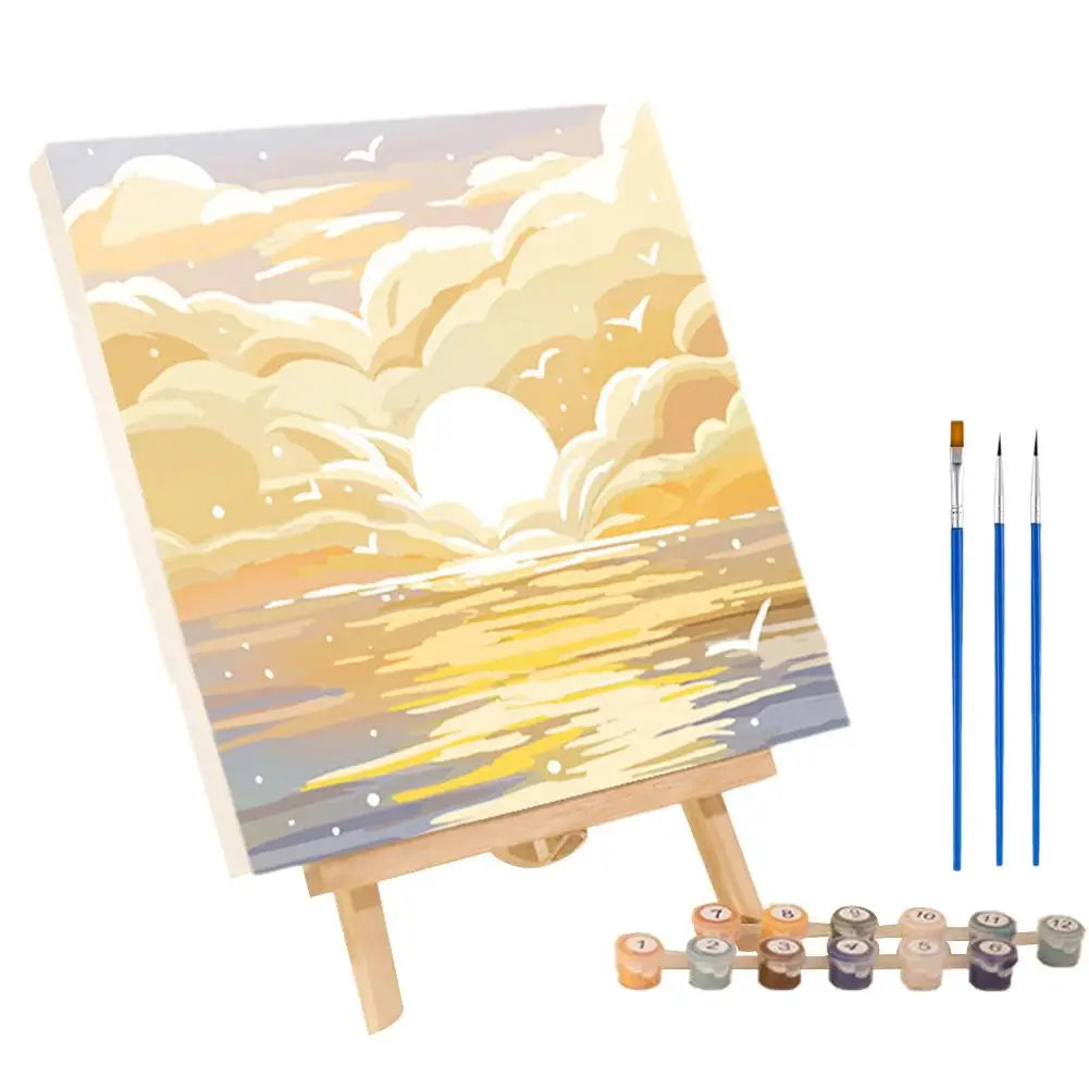 Framed Paint by Numbers Kit - Abstract Sunset Landscape, 20 x 20 cm (7.9 x 7.9 in) Canvas | DIY Gouache Painting Kit for Home Decor