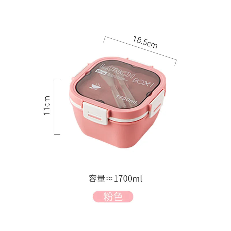 Double Stackable 50 oz (1.48 L) Lunch Box - 4-Compartment Salad Bowl with 3 oz (90 ml) Sauce Cup & Built-In Fork & Spoon
