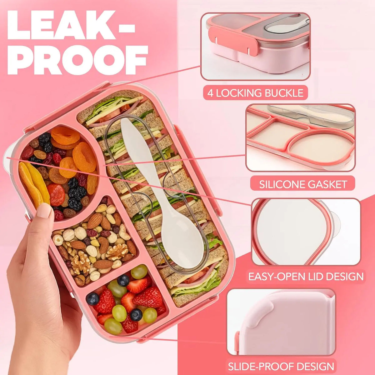 4-Compartment Bento Lunch Box 1000 ml (23 x 17 x 5 cm | 9.1 x 6.7 x 2.0 in) Reusable Leakproof Microwave & Dishwasher Safe