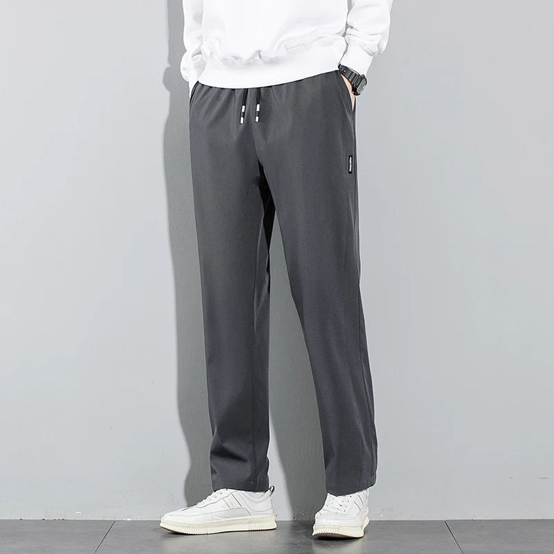 Ice Silk Men's Summer Pants - Breathable Elastic Straight-Leg Business Casual Trousers (Black, Gray)
