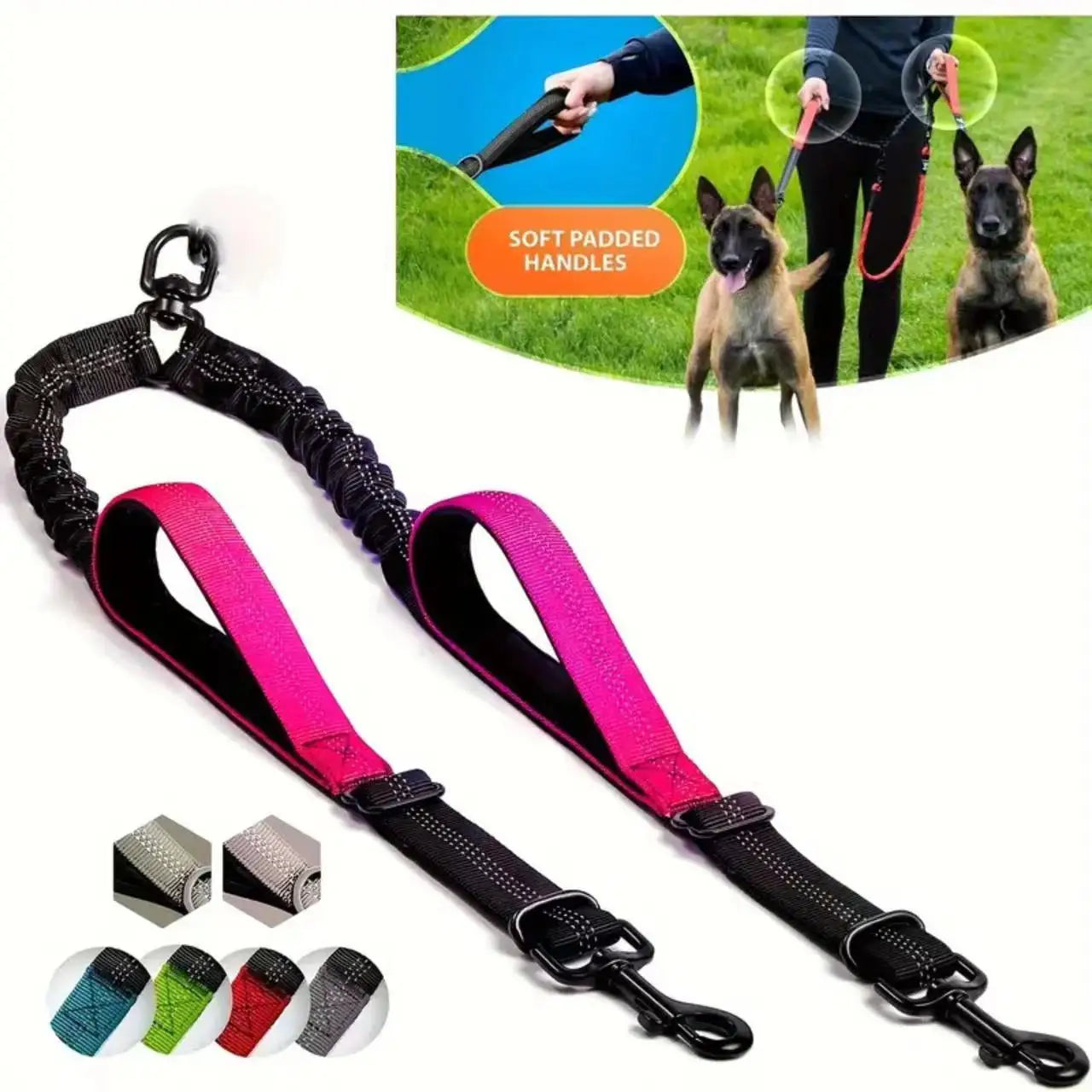 Dual Dog Leash Coupler - Padded Handles No-Tangle Bungee No-Pull Leash with 360° Swivel & Reflective Trim