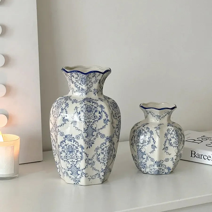 Vintage Blue and White Hand-Painted Ceramic Porcelain Vase for Flowers, Home, Balcony and Living Room Decor