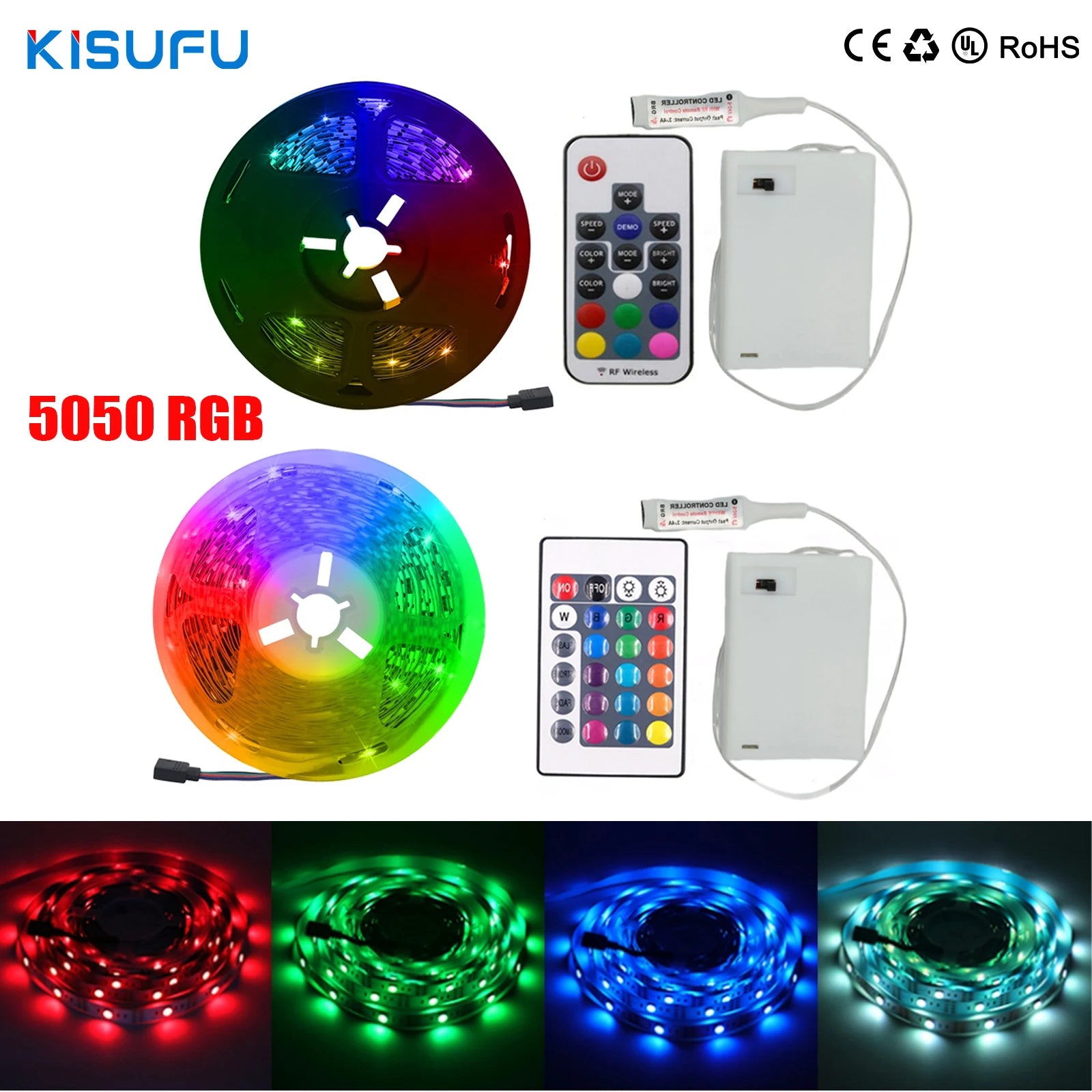 5V 5050 RGB LED Strip Light - Battery/USB Powered 0.5–5m (IP21/IP65) with Remote Control