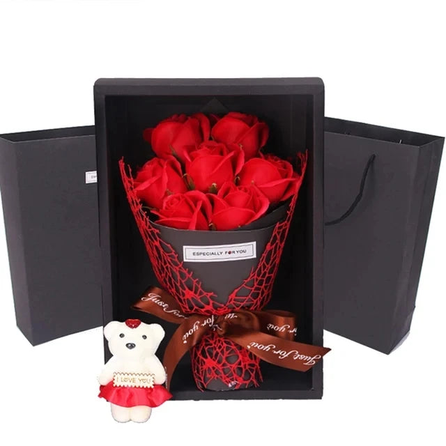 Valentine's Day 7-Piece Fragrant Soap Rose Bouquet in Gift Box - Artificial Roses for Romantic Gift & Home Decor