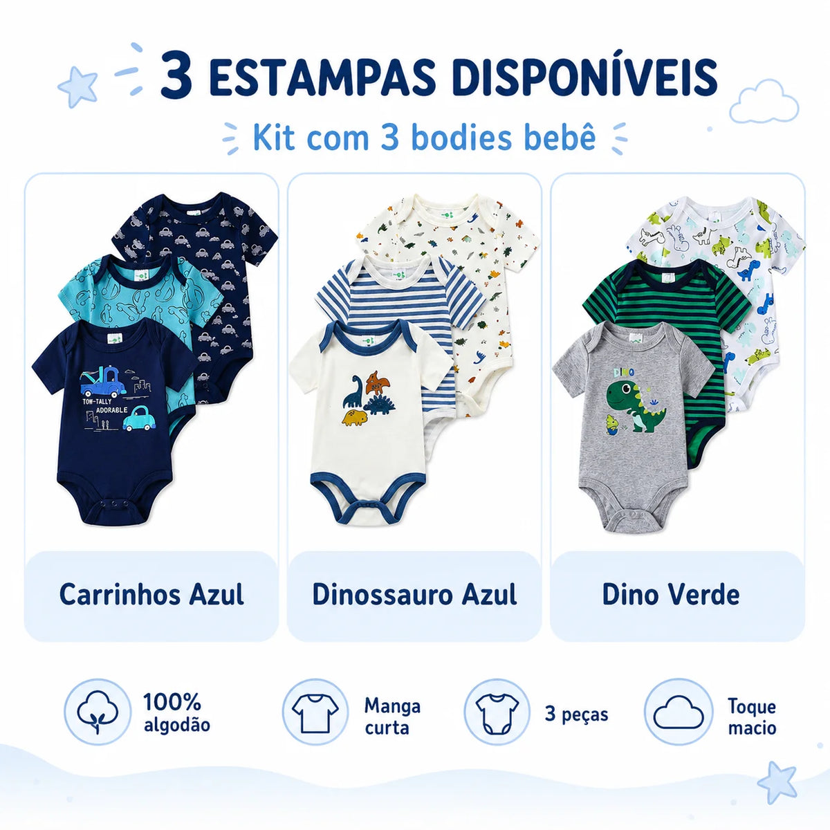 Baby Boy 3-Pack Short Sleeve 100% Cotton Bodysuits, Soft Onesies 3-12 Months