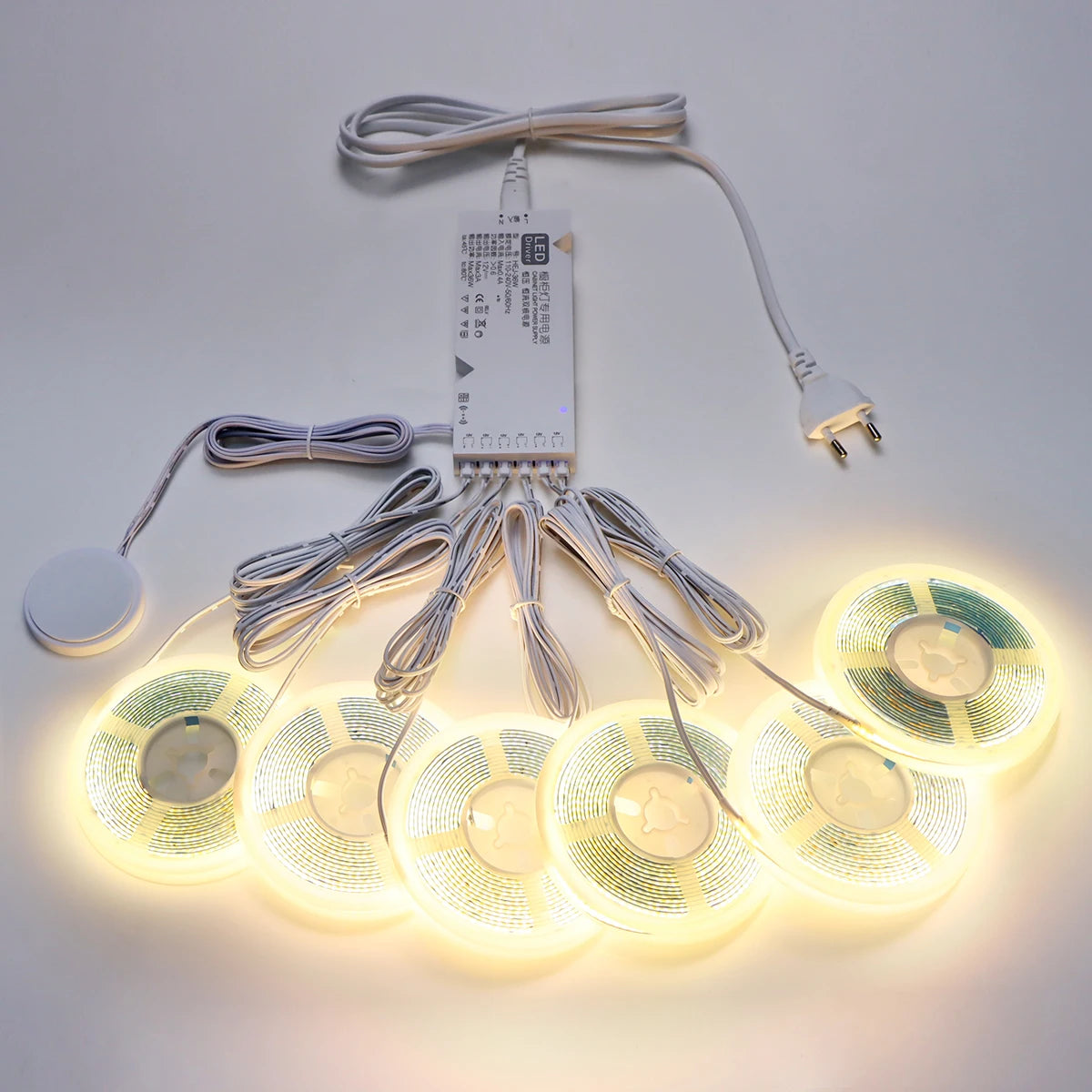 FanzyMarket COB LED strip light with penetrable touch dimmer, waterproof 12V cabinet and closet lighting, 320 LEDs/m in warm, neutral, cool tones