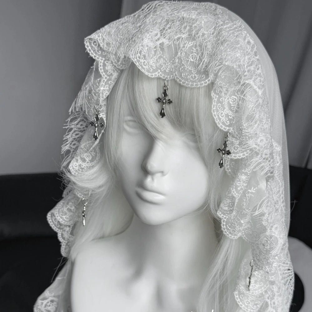 Y2K Gothic Lace Cross Bandana Headpiece Dark Lolita Tulle Head Cover for Halloween Cosplay