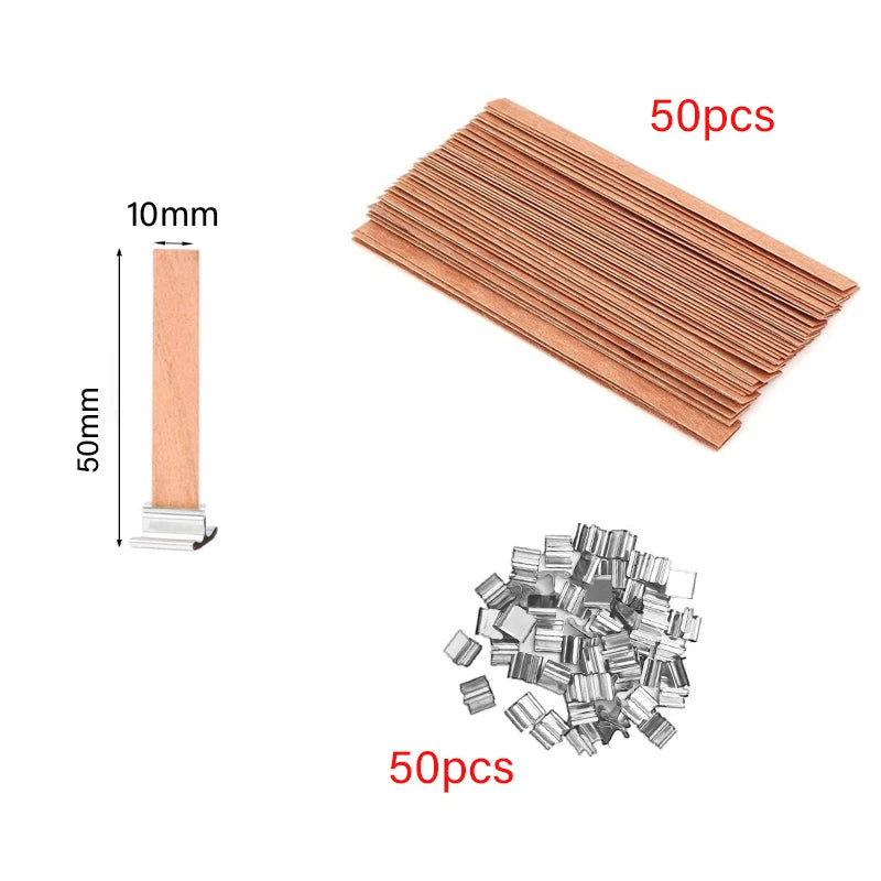 30/50-Pack Cherry Wood Candle Wicks with Metal Clip Bases – Smokeless Wooden Wicks for DIY Jar Candles