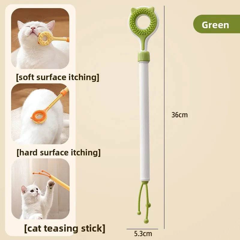 3-in-1 Retractable Cat Grooming Brush & Teaser Wand - Dual-Sided Massager for Cats & Kittens