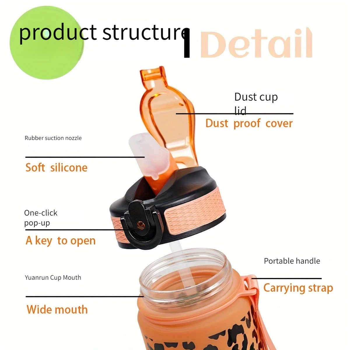 1000ml / 34oz Outdoor Sports Water Bottle with Leak-Proof Straw Lid – Durable Reusable PC Bottle for Running, Cycling & Climbing