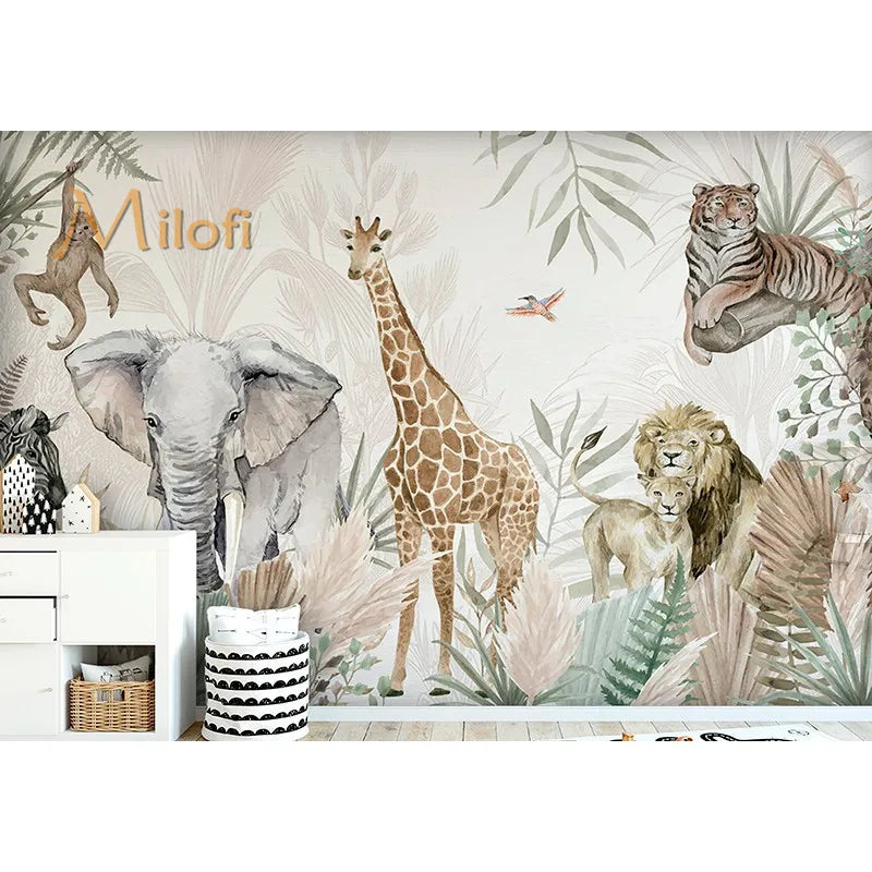Custom Watercolor Jungle Animal Peel-and-Stick Wall Mural - Giraffe Elephant Zebra Nursery & Kids Wallpaper