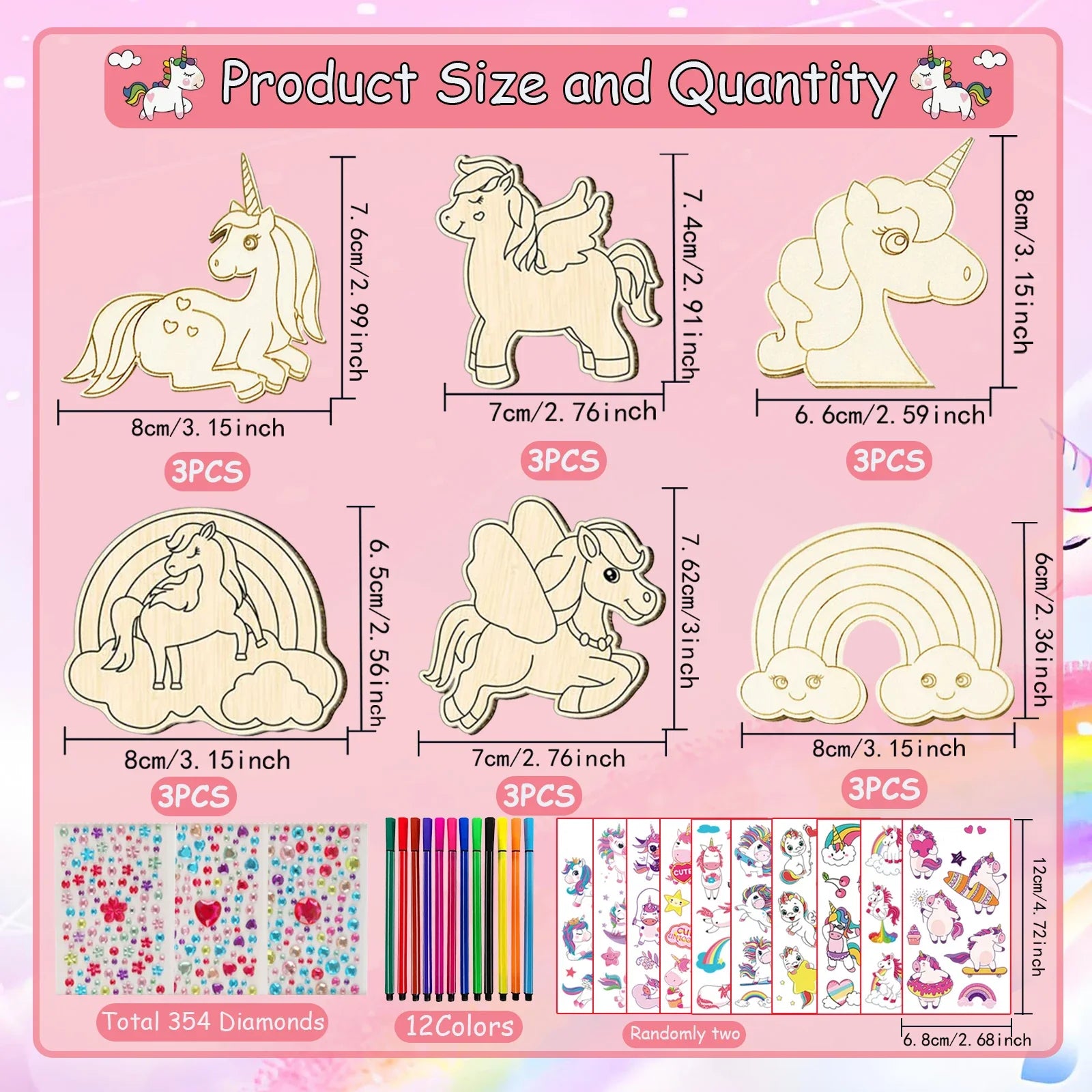 386-Piece DIY Unicorn Wood Craft Kit for Kids - 18 Wooden Unicorns, 354 Rhinestones, 12 Colored Pencils & 2 Stickers