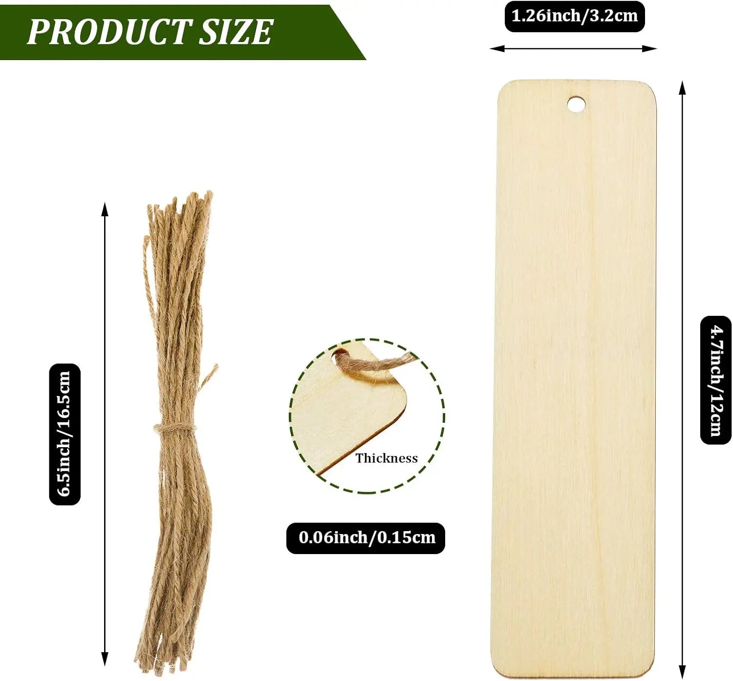 Wooden Blank Bookmarks with Rope — DIY Unfinished Wood Tags (10/20/40/60 Pack)