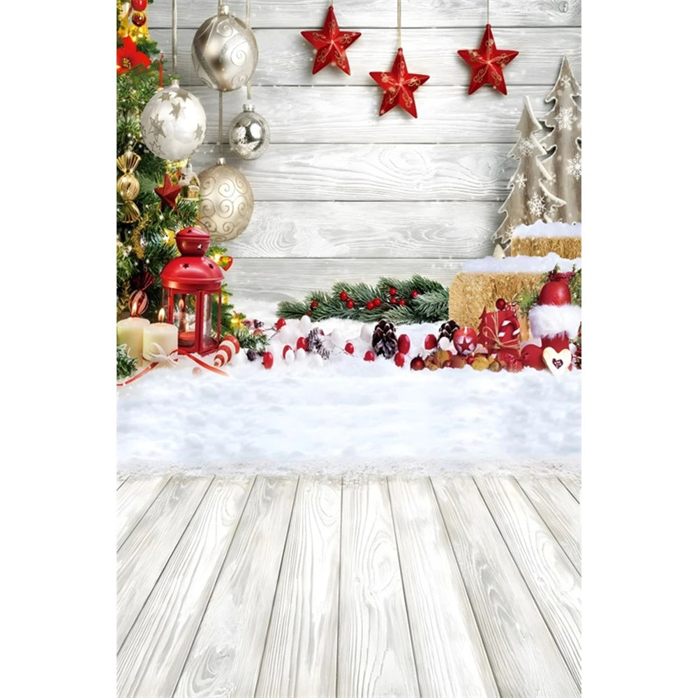 Christmas Photography Backdrop - Santa, Tree & Fireplace Winter Snow Wood Floor Portrait Background
