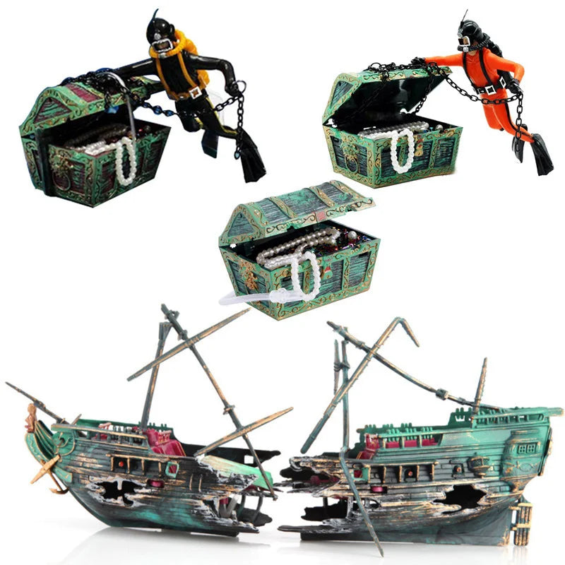 Shipwreck Boat Aquarium Ornament with Air Bubbler, 9.4 x 4.7 in (24 x 12 cm) Fish Tank Decoration