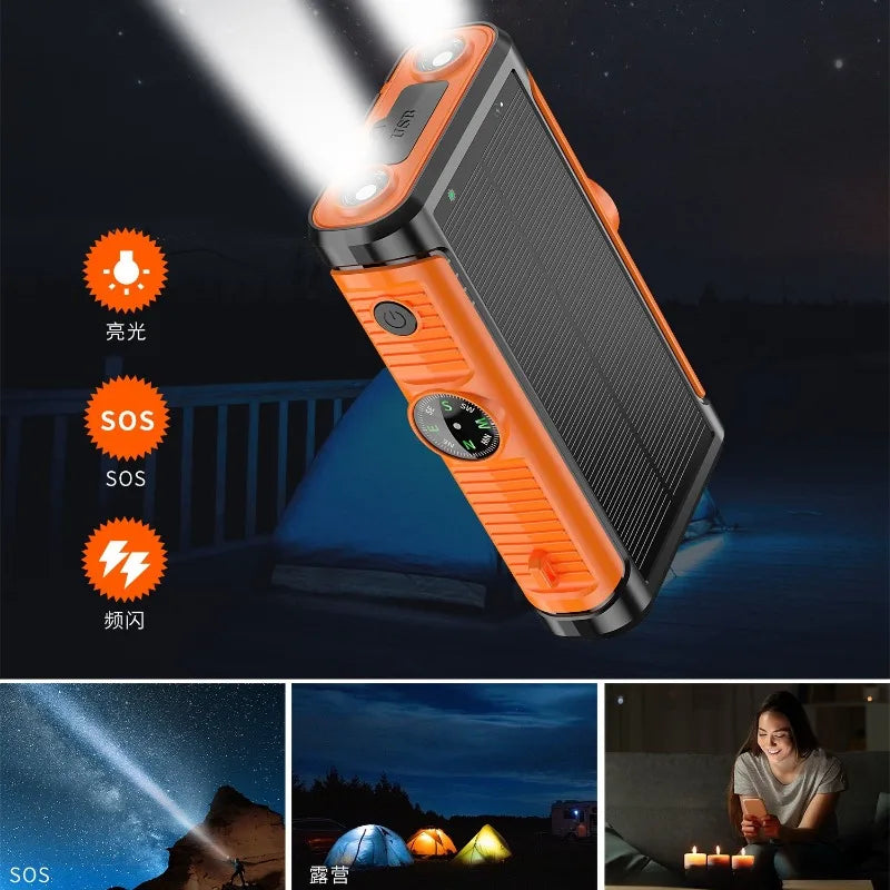 FanzyMarket 20,000mAh solar power bank with magnetic wireless charging, built-in cables, flashlight, USB-C and Lightning ports.