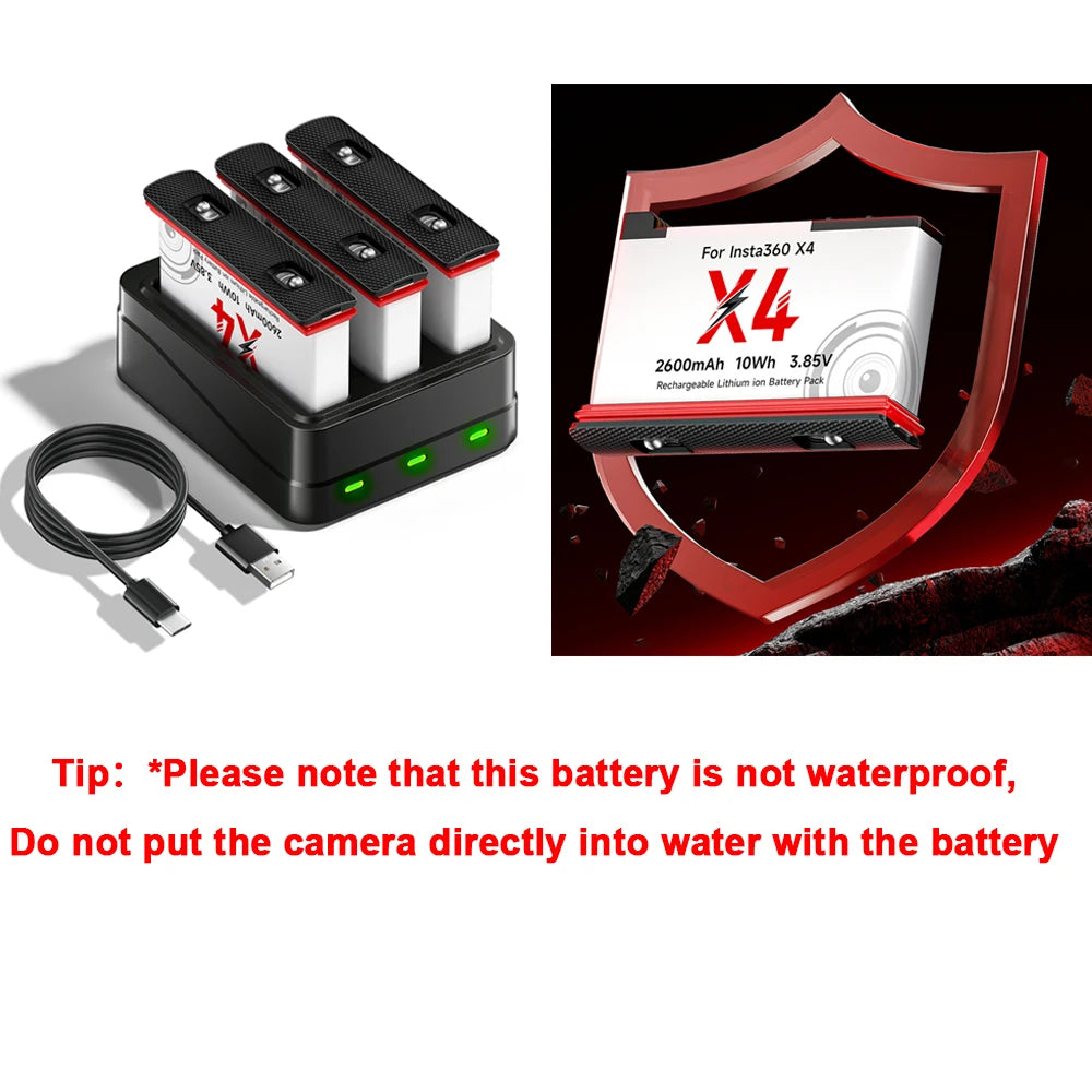 2600mAh High Capacity Camera Battery + 3-Slot LED Fast Charger for Action Cameras