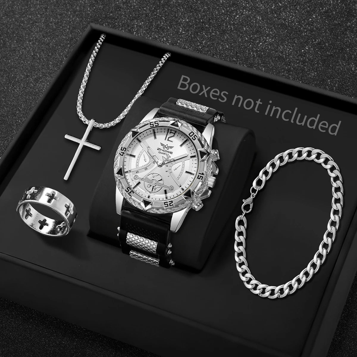 4-Piece Men's Arabic Numeral Quartz Watch Set - 45mm (1.77 in) Business Casual Wristwatch with Bracelet, Necklace & Ring