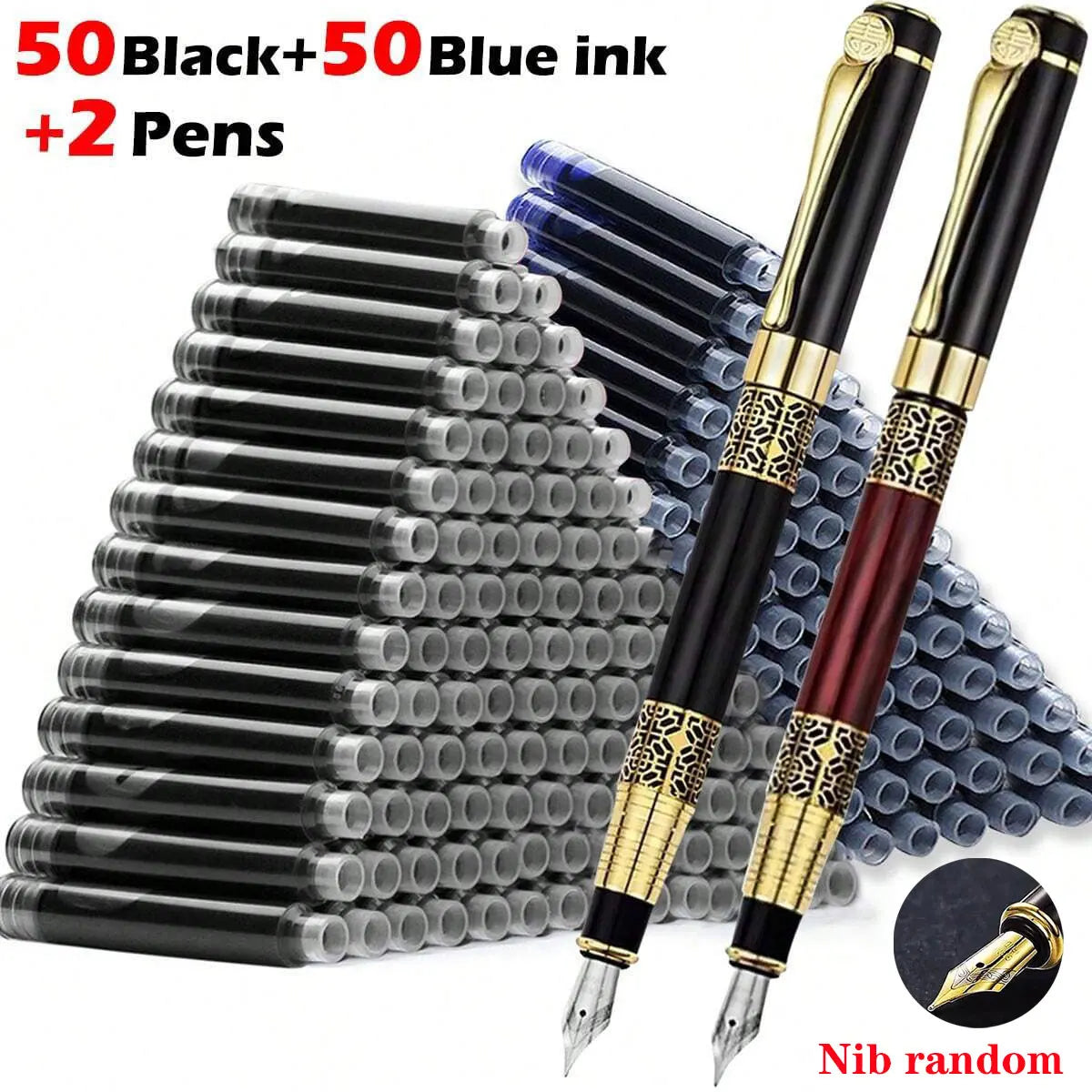 Retro Metal Fountain Pen Set (1–100 pcs) with Replaceable Ink, Elegant Writing Gift for Office & School