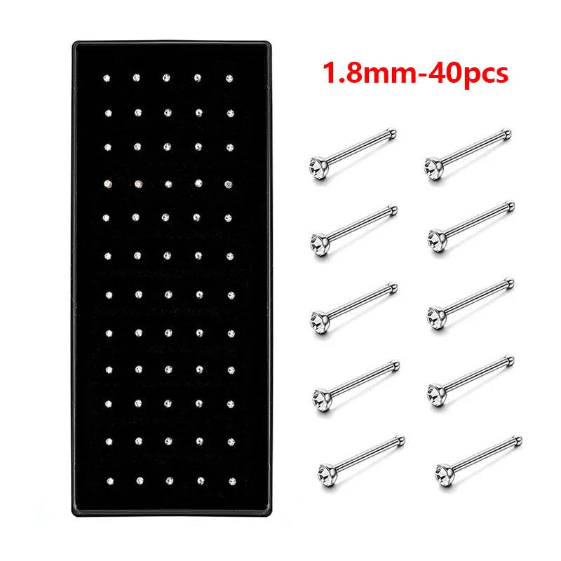 40/60-Piece Crystal 316L Stainless Steel Nose Piercing Kit - Straight L Studs & Helix Body Jewelry